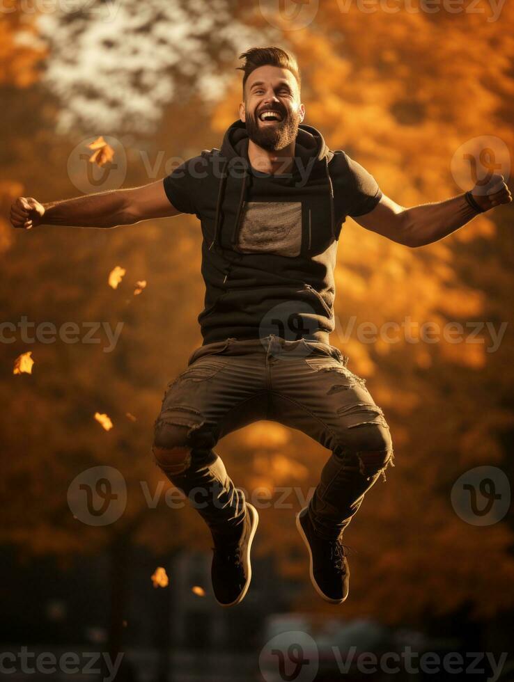 photo of emotional dynamic pose Brazilian man in autumn AI Generative