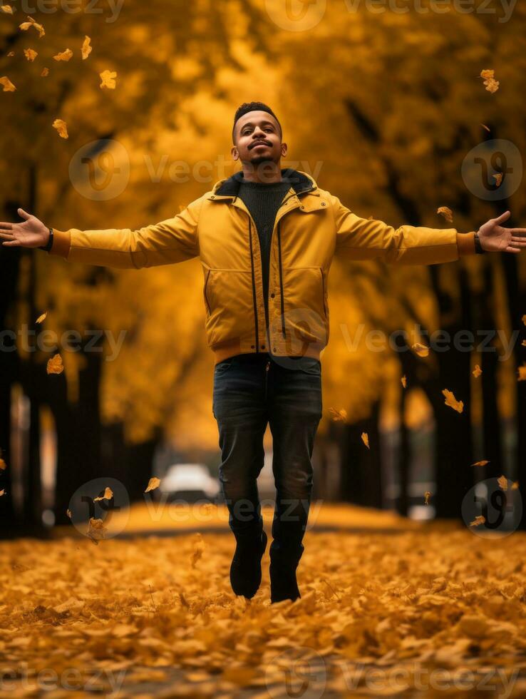 photo of emotional dynamic pose Brazilian man in autumn AI Generative