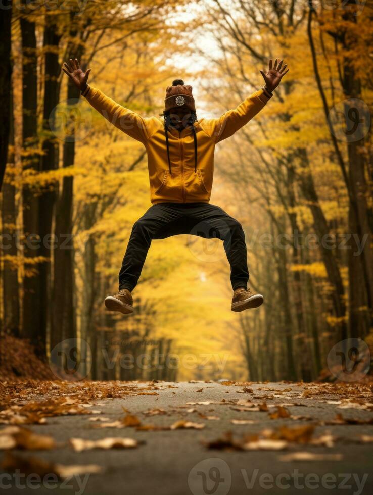 photo of emotional dynamic pose Brazilian man in autumn AI Generative