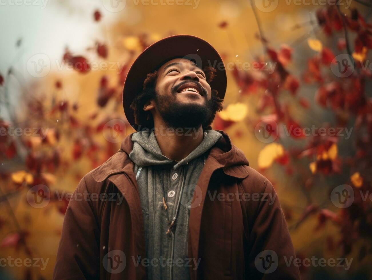 photo of emotional dynamic pose Brazilian man in autumn AI Generative