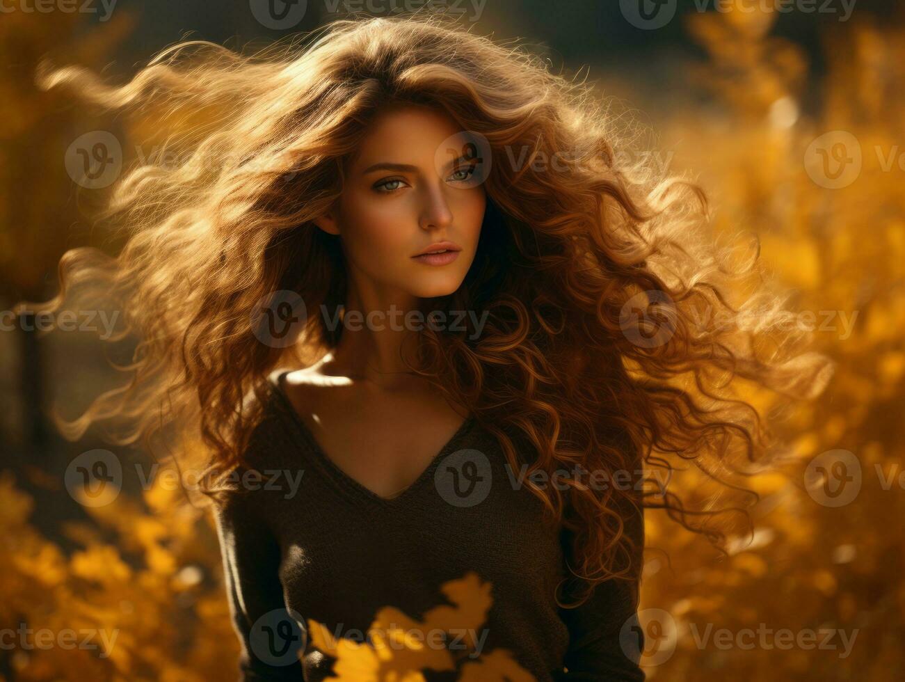 European woman in emotional dynamic pose on autumn background AI Generative photo