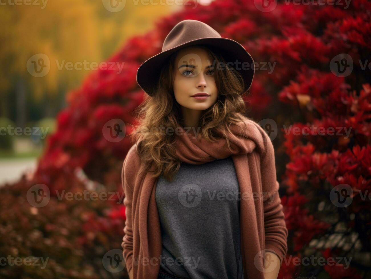 European woman in emotional dynamic pose on autumn background AI Generative photo