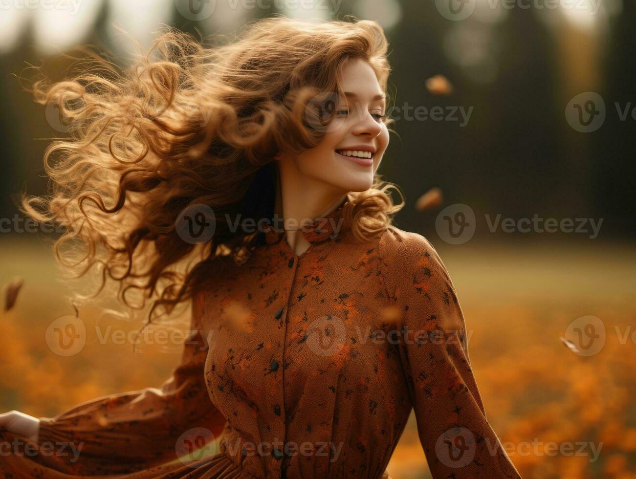 European woman in emotional dynamic pose on autumn background AI Generative photo