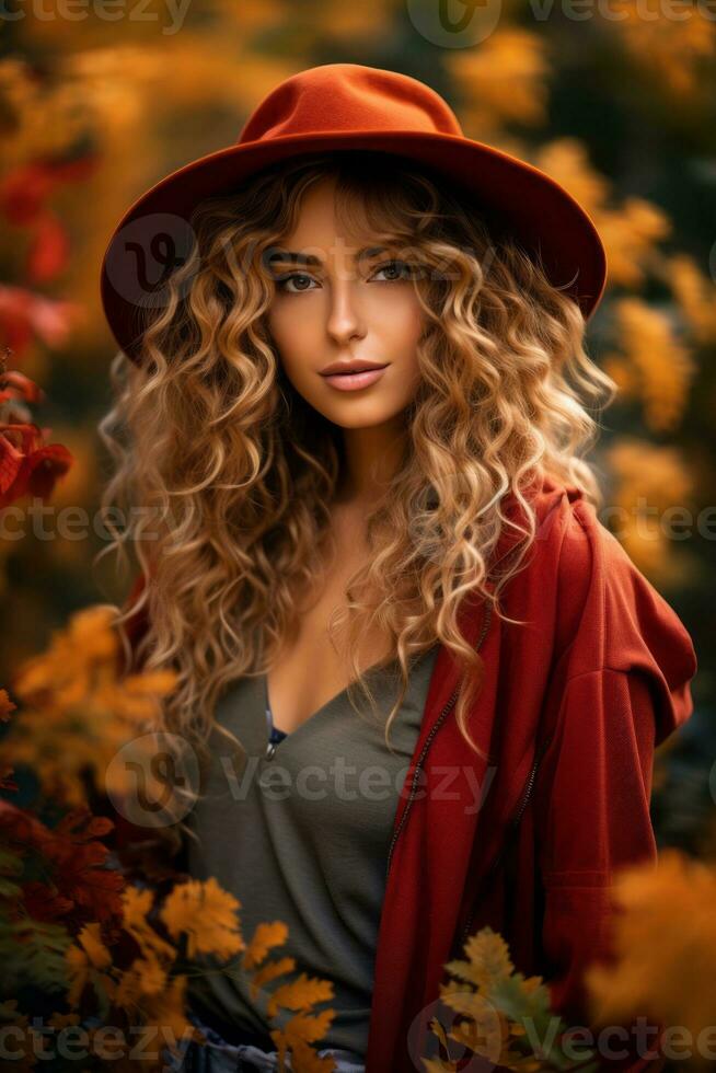 European woman in emotional dynamic pose on autumn background AI Generative photo