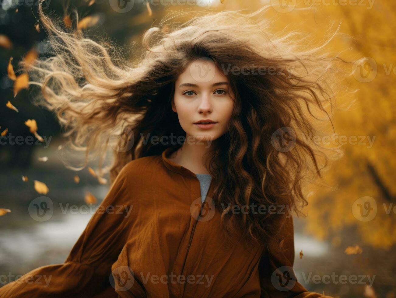 European woman in emotional dynamic pose on autumn background AI Generative photo