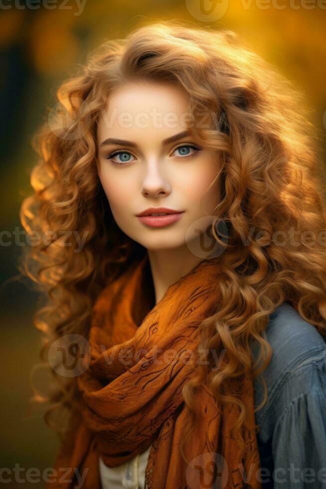 European woman in emotional dynamic pose on autumn background AI Generative photo