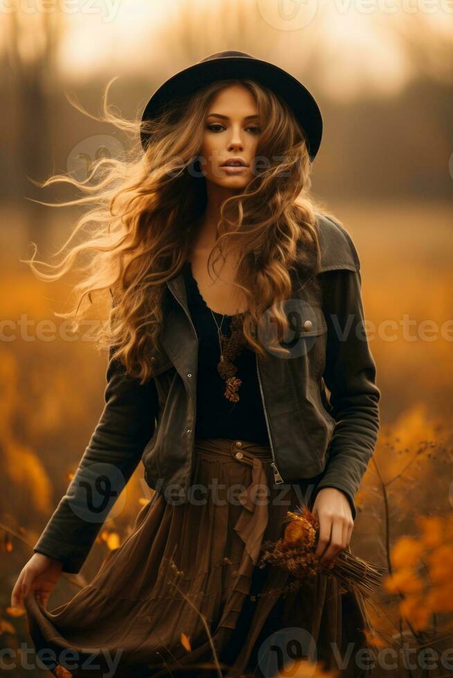 European woman in emotional dynamic pose on autumn background AI Generative photo