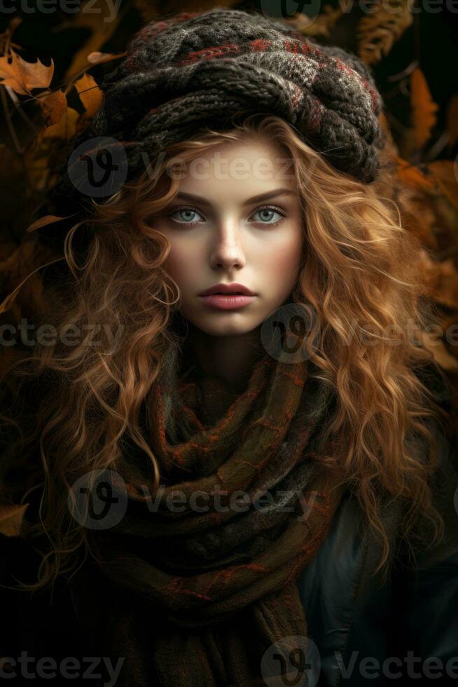 European woman in emotional dynamic pose on autumn background AI Generative photo