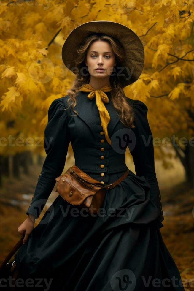 European woman in emotional dynamic pose on autumn background AI Generative photo