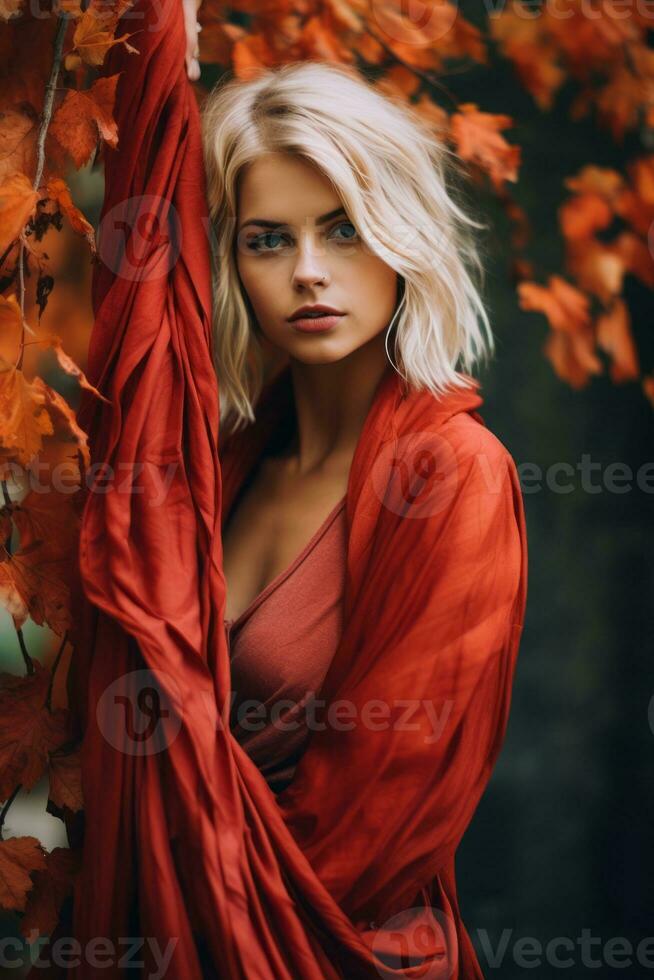 European woman in emotional dynamic pose on autumn background AI Generative photo