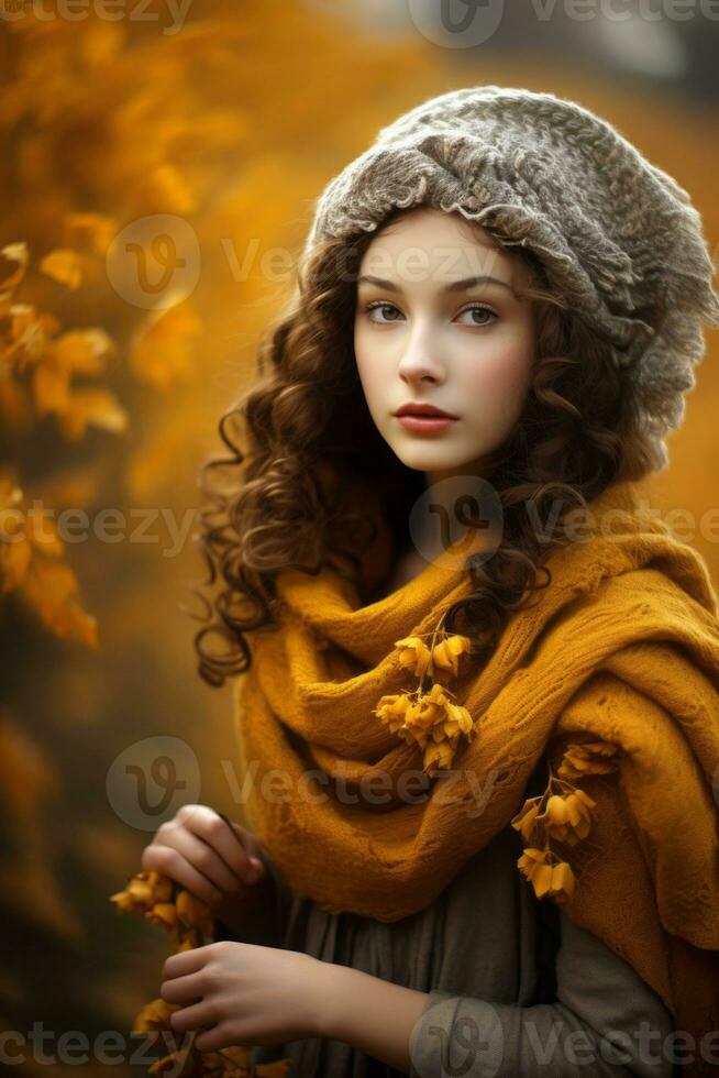 European woman in emotional dynamic pose on autumn background AI Generative photo