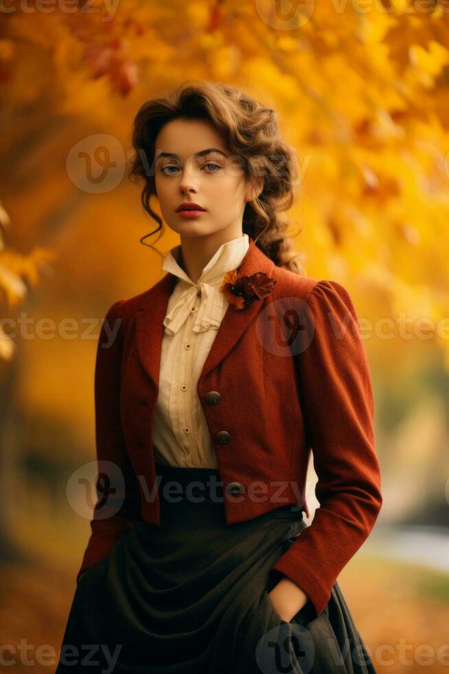 European woman in emotional dynamic pose on autumn background AI Generative photo