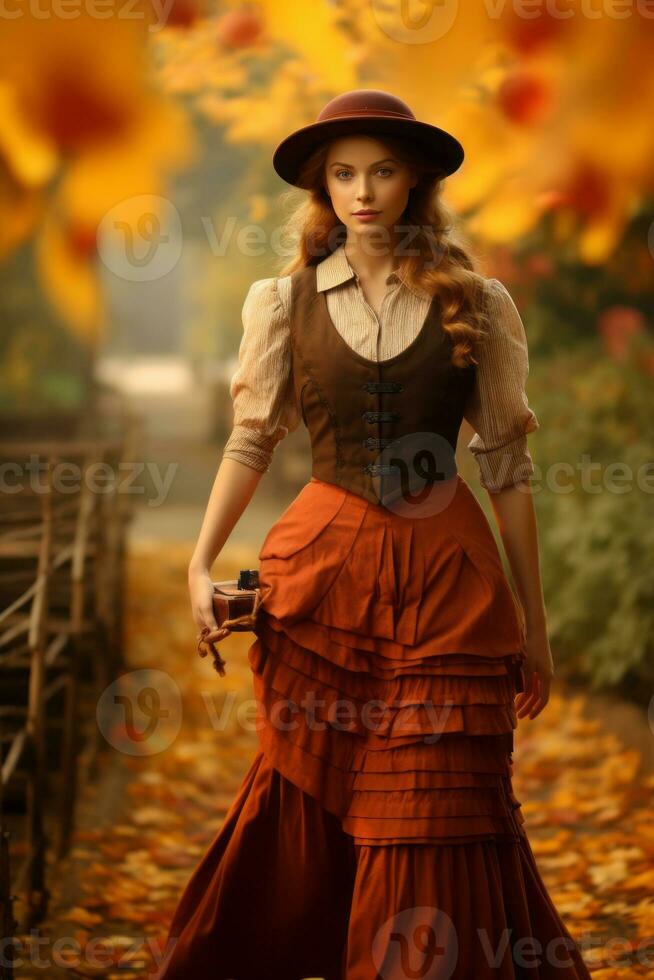 European woman in emotional dynamic pose on autumn background AI Generative photo