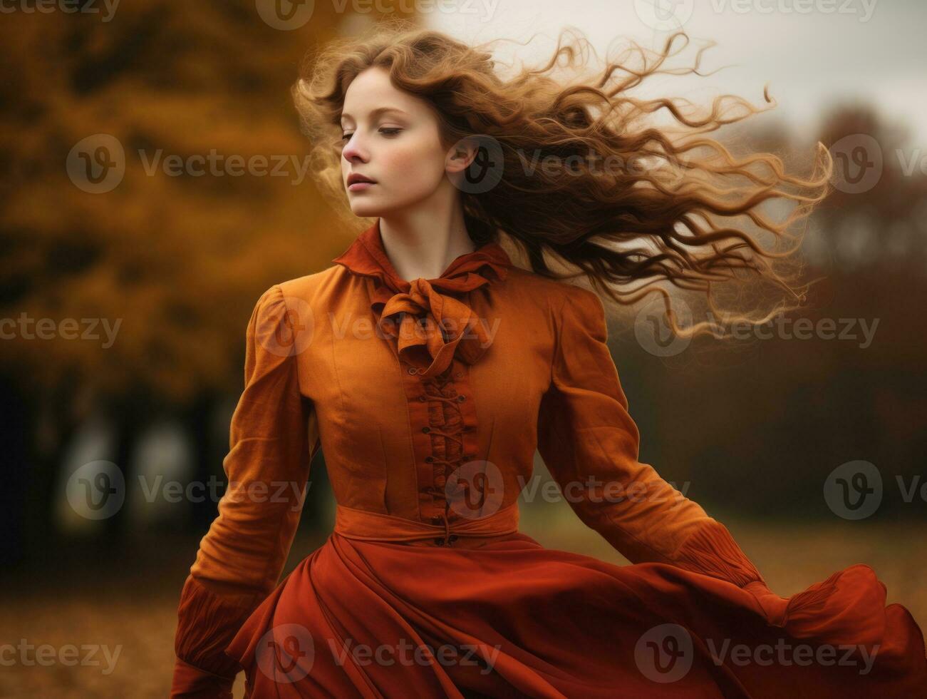 European woman in emotional dynamic pose on autumn background AI Generative photo