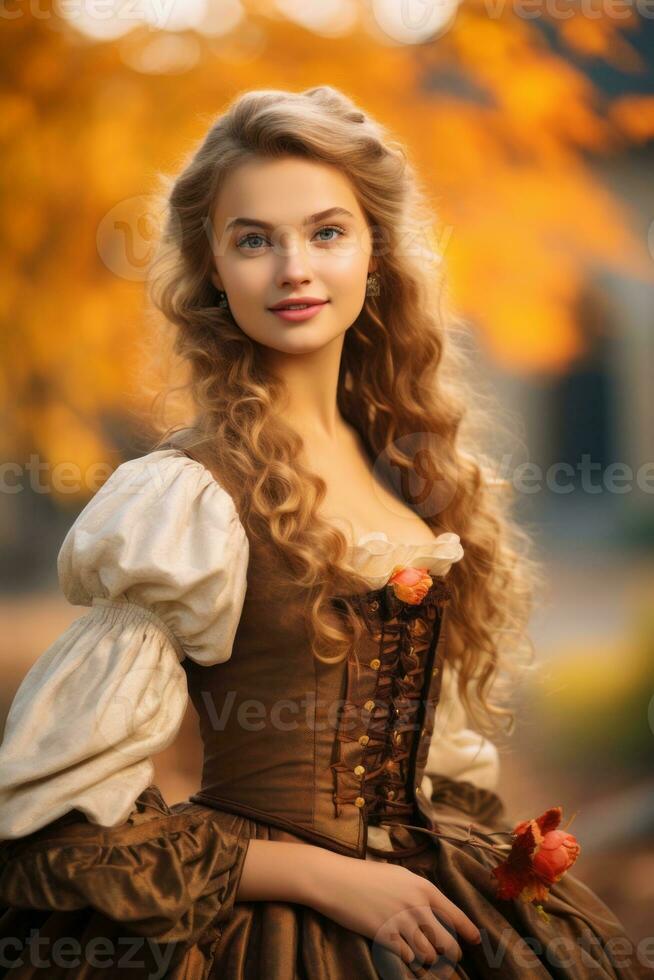 European woman in emotional dynamic pose on autumn background AI Generative photo