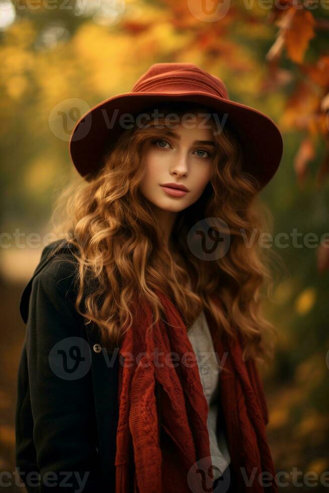 European woman in emotional dynamic pose on autumn background AI Generative photo