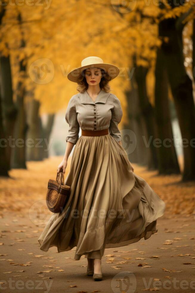 European woman in emotional dynamic pose on autumn background AI Generative photo