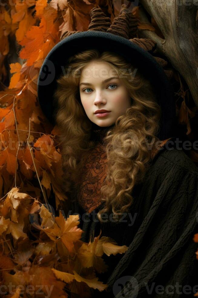 European woman in emotional dynamic pose on autumn background AI Generative photo