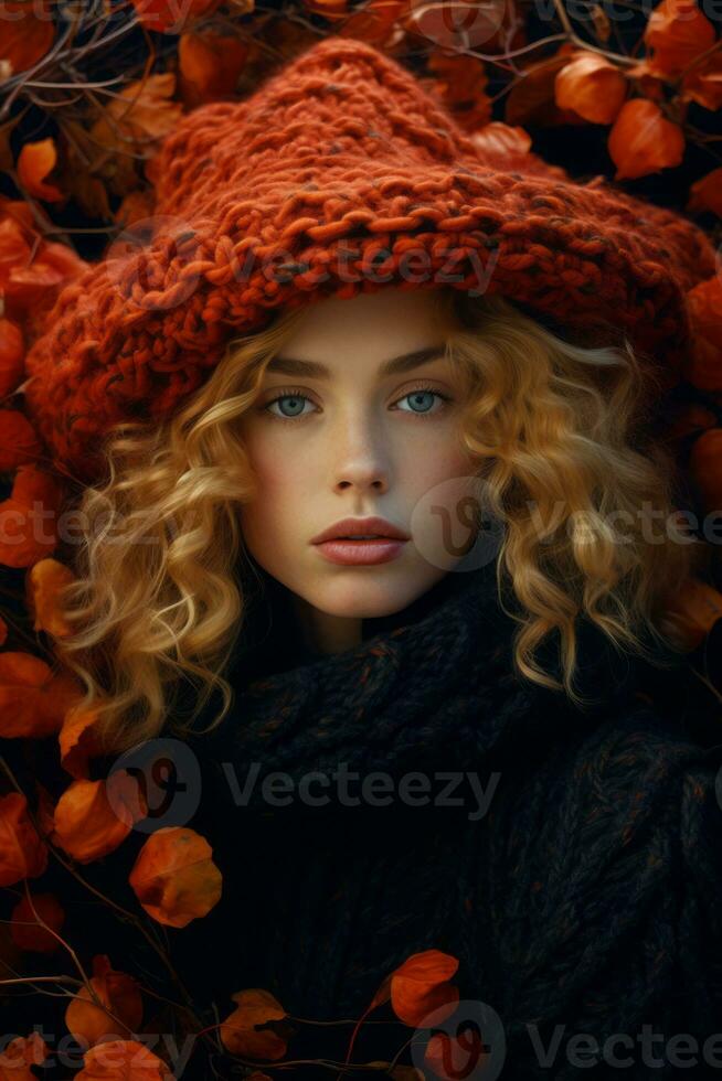 European woman in emotional dynamic pose on autumn background AI Generative photo