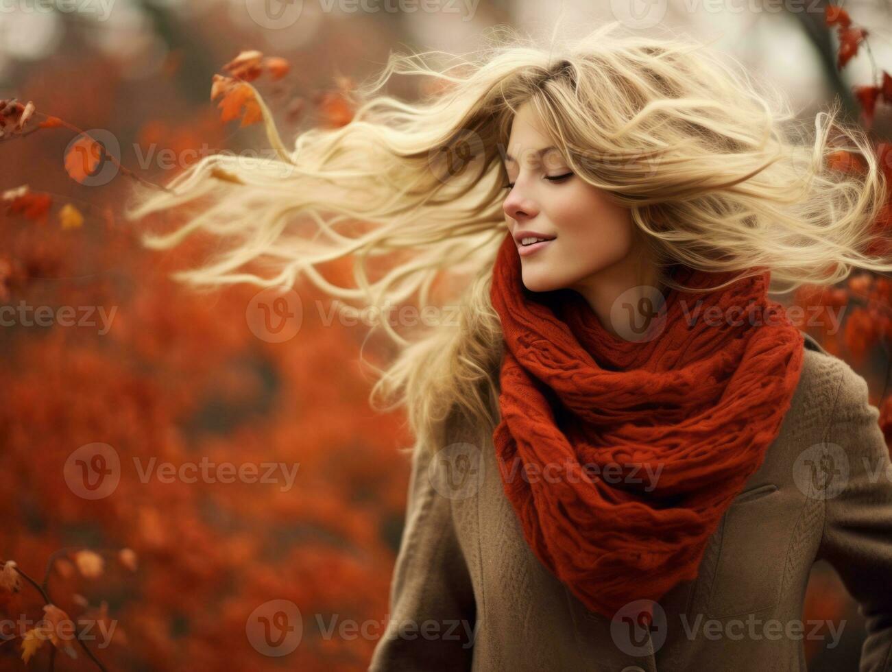 European woman in emotional dynamic pose on autumn background AI Generative photo