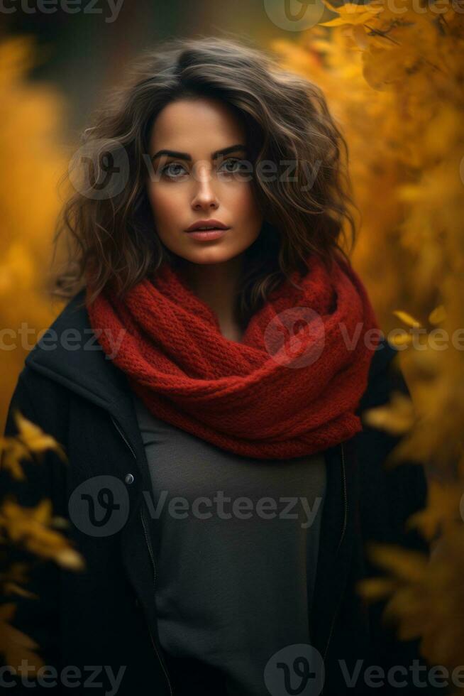 European woman in emotional dynamic pose on autumn background AI Generative photo