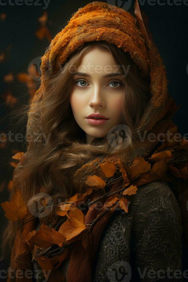 European woman in emotional dynamic pose on autumn background AI Generative photo