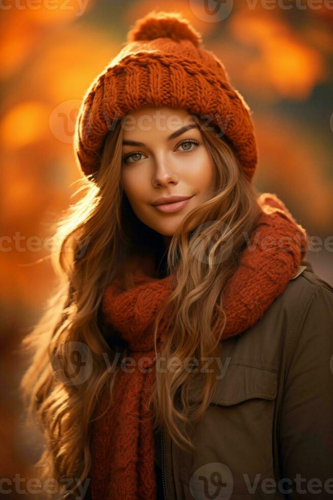 European woman in emotional dynamic pose on autumn background AI Generative photo