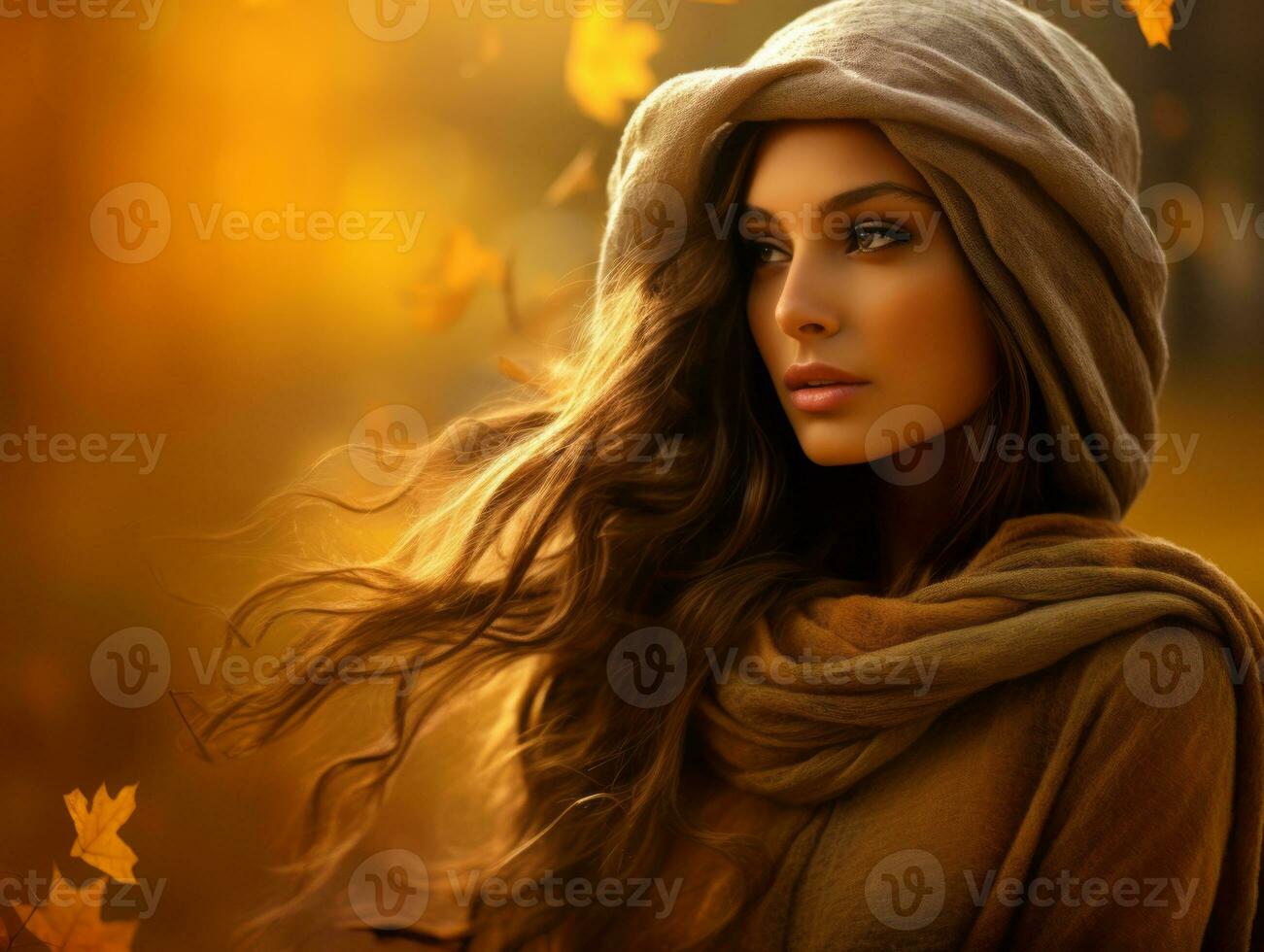 European woman in emotional dynamic pose on autumn background AI Generative photo