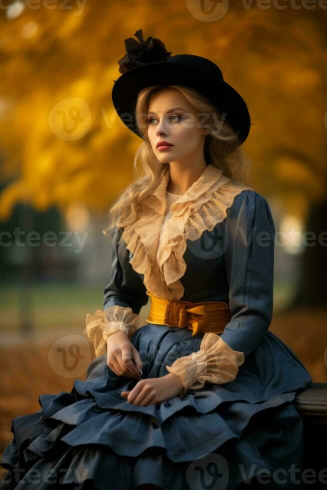 European woman in emotional dynamic pose on autumn background AI Generative photo