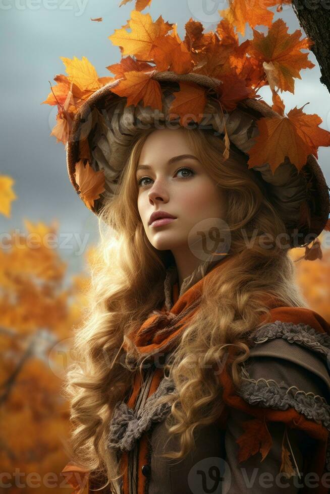 European woman in emotional dynamic pose on autumn background AI Generative photo