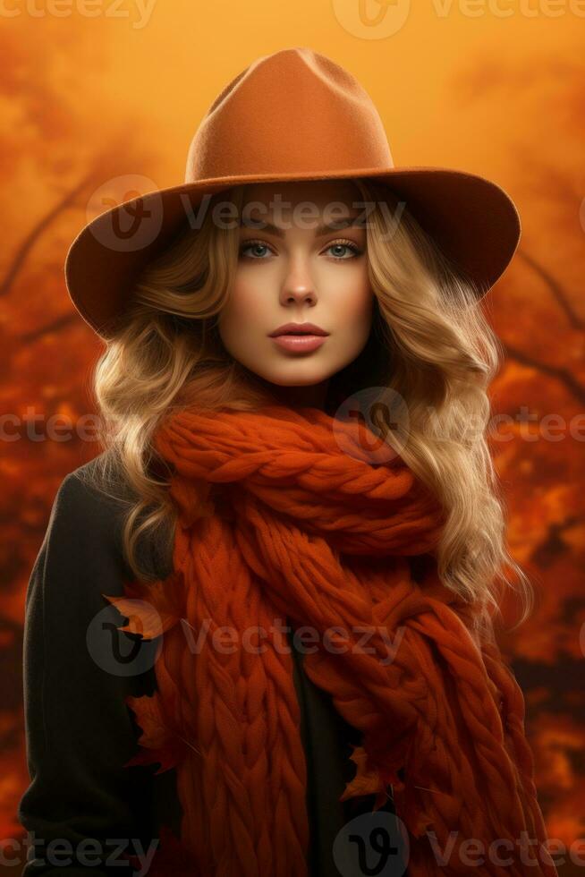 European woman in emotional dynamic pose on autumn background AI Generative photo