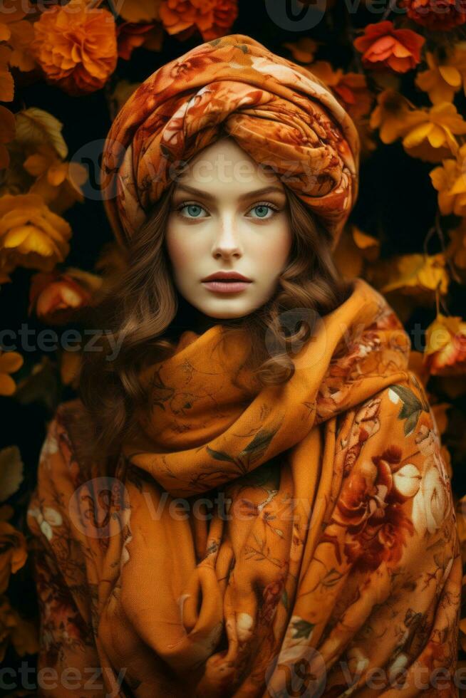 European woman in emotional dynamic pose on autumn background AI Generative photo