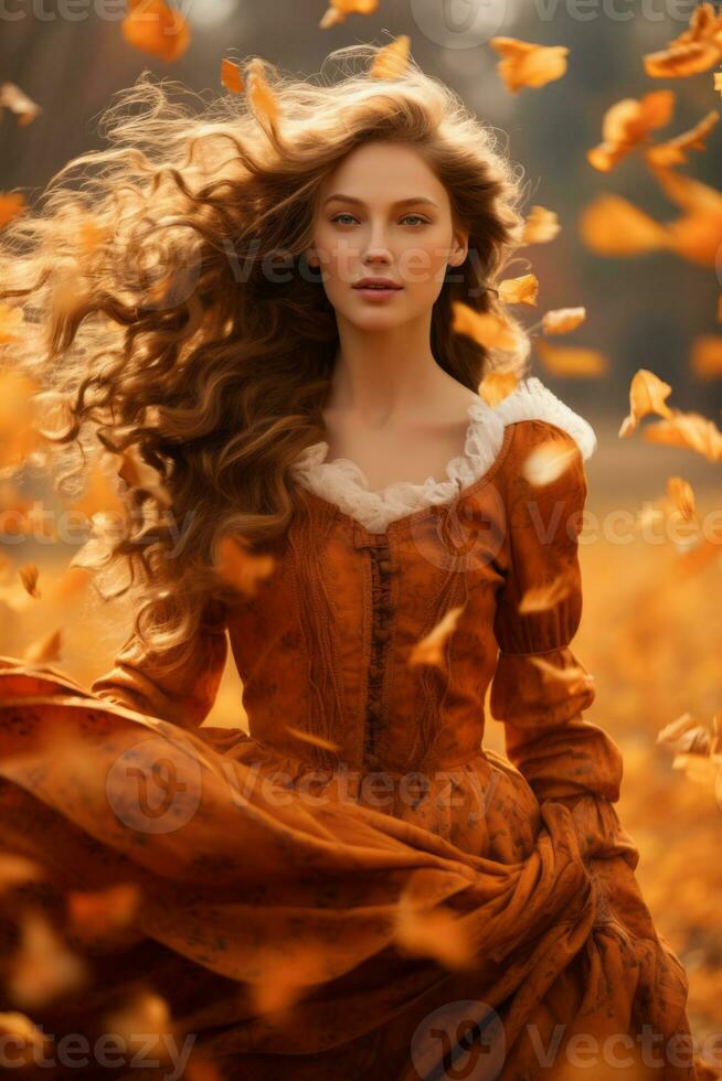 European woman in emotional dynamic pose on autumn background AI Generative photo