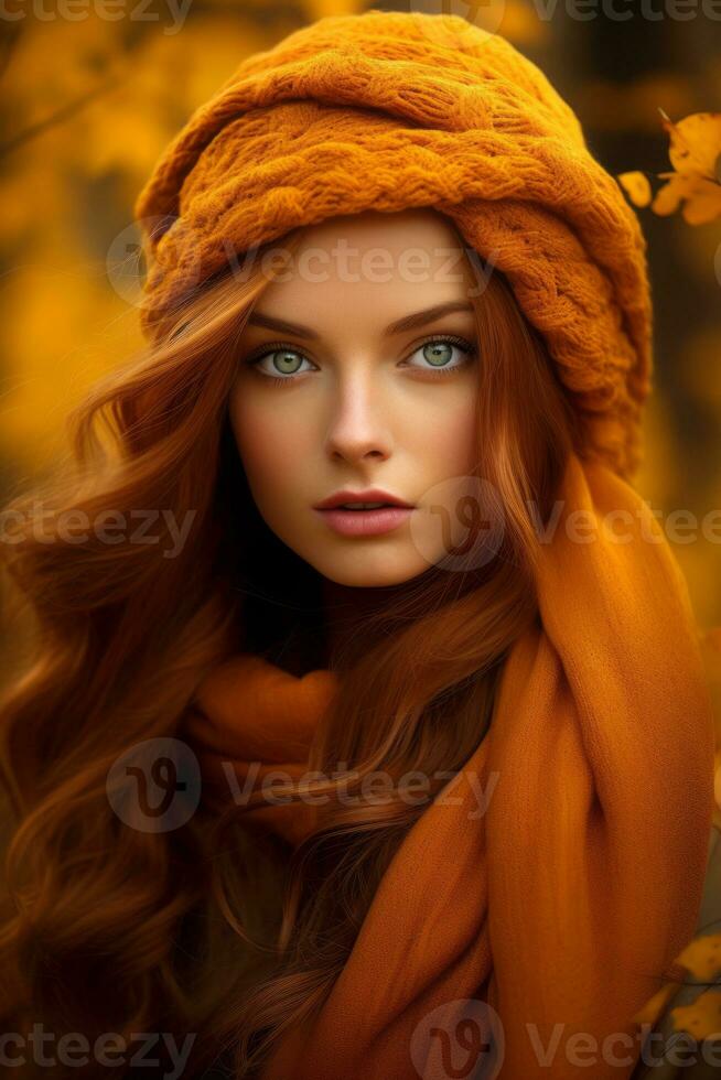 European woman in emotional dynamic pose on autumn background AI Generative photo