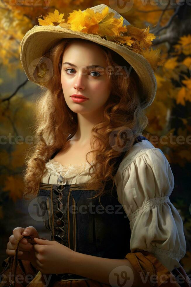 European woman in emotional dynamic pose on autumn background AI Generative photo