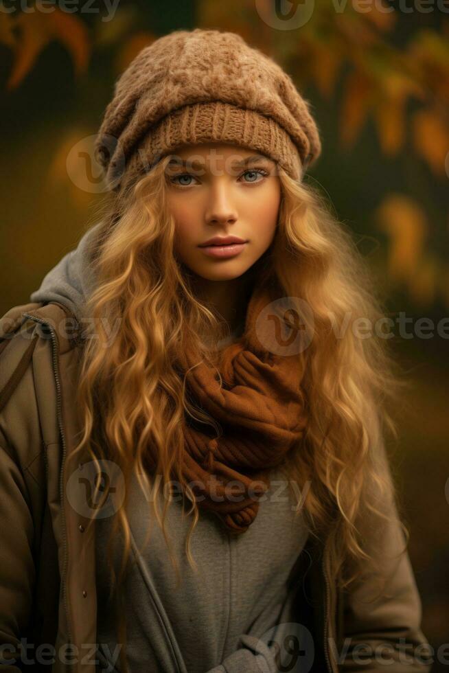 European woman in emotional dynamic pose on autumn background AI Generative photo
