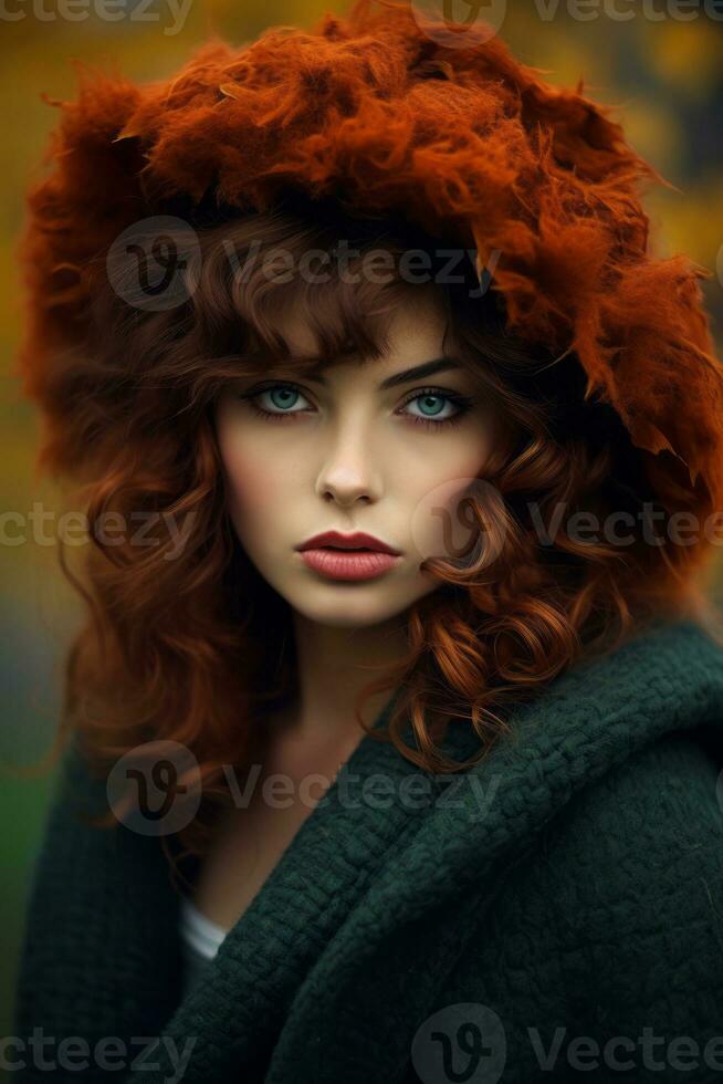 European woman in emotional dynamic pose on autumn background AI Generative photo