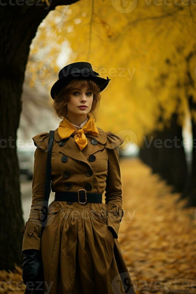 European woman in emotional dynamic pose on autumn background AI Generative photo