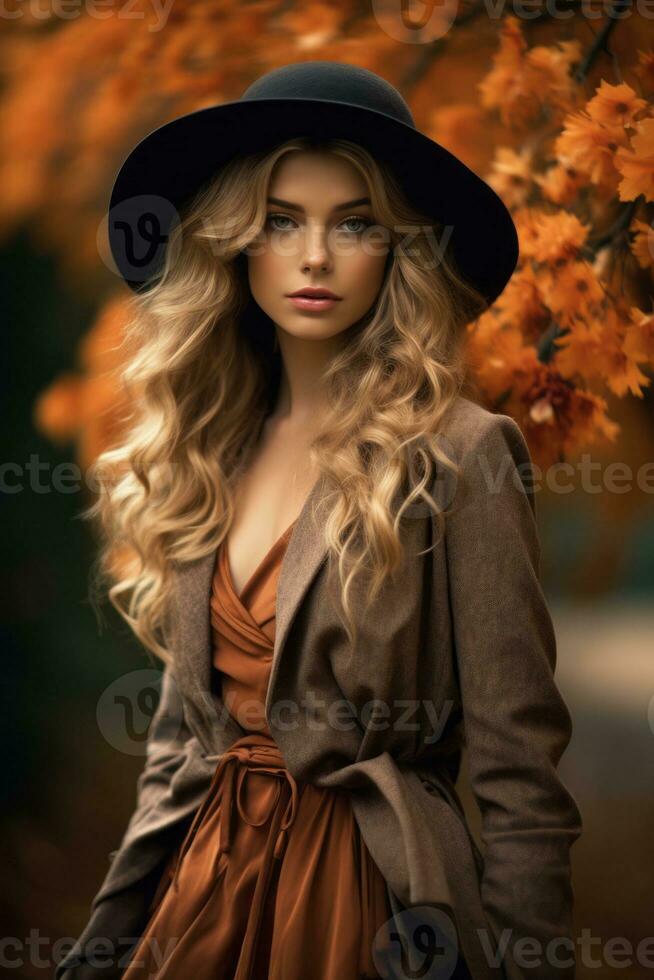 European woman in emotional dynamic pose on autumn background AI Generative photo