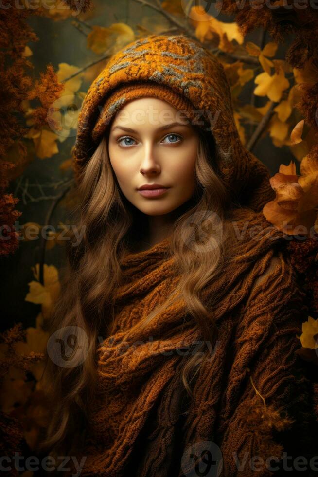 European woman in emotional dynamic pose on autumn background AI Generative photo