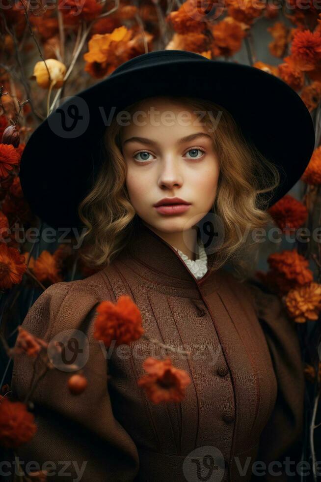 European woman in emotional dynamic pose on autumn background AI Generative photo