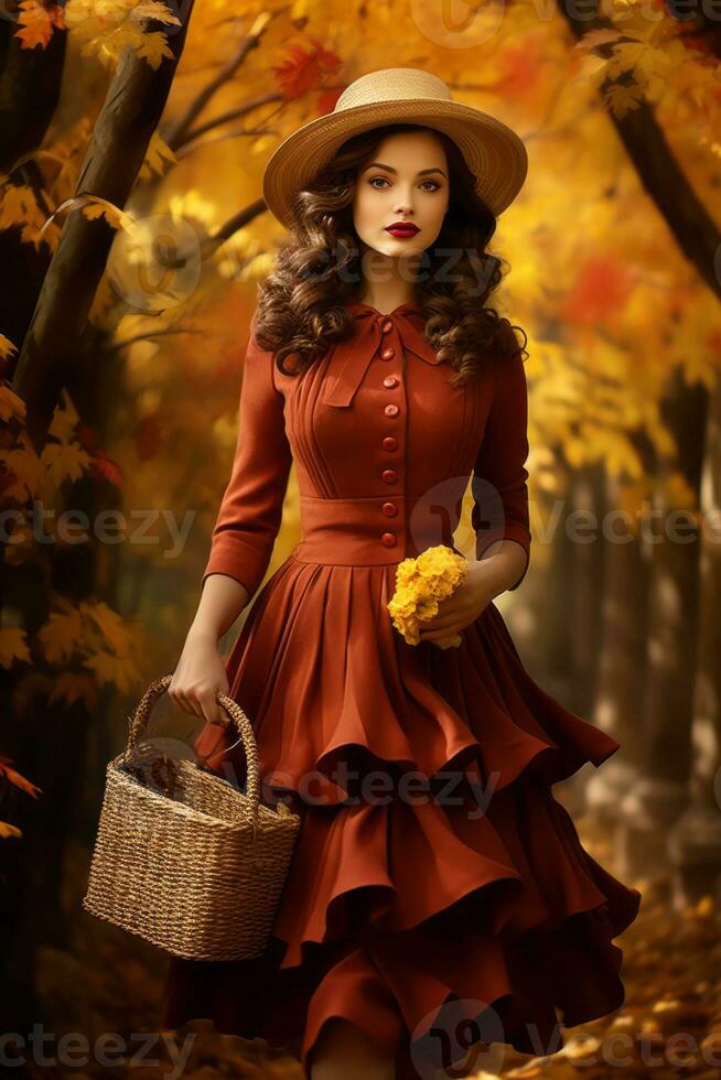 European woman in emotional dynamic pose on autumn background AI Generative photo