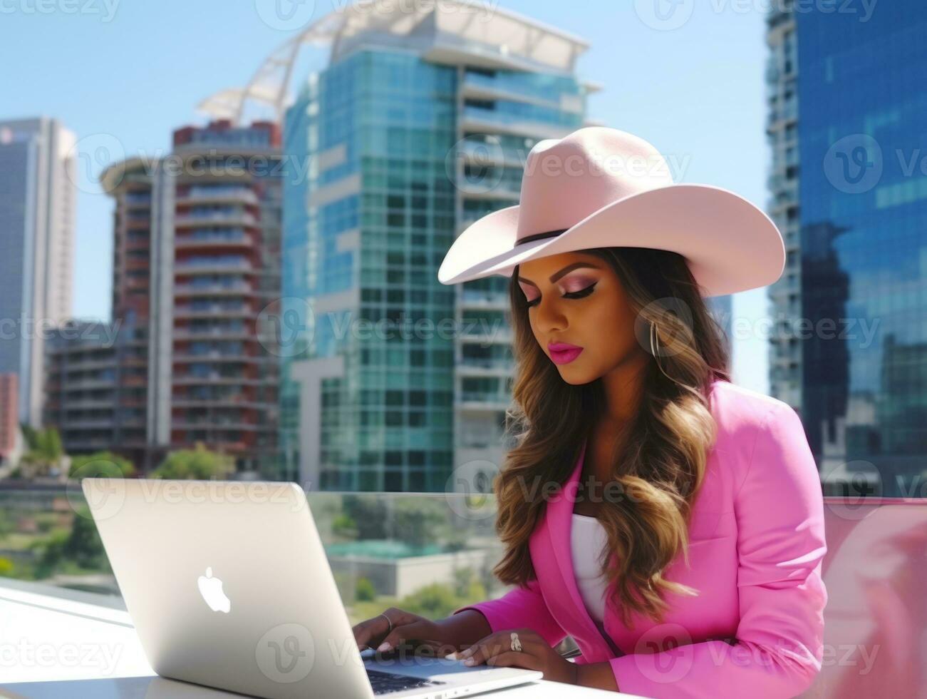 Woman from Colombia working on a laptop in a vibrant urban setting AI Generative photo