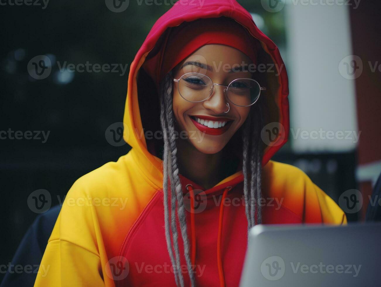 Woman from Colombia working on a laptop in a vibrant urban setting AI Generative photo