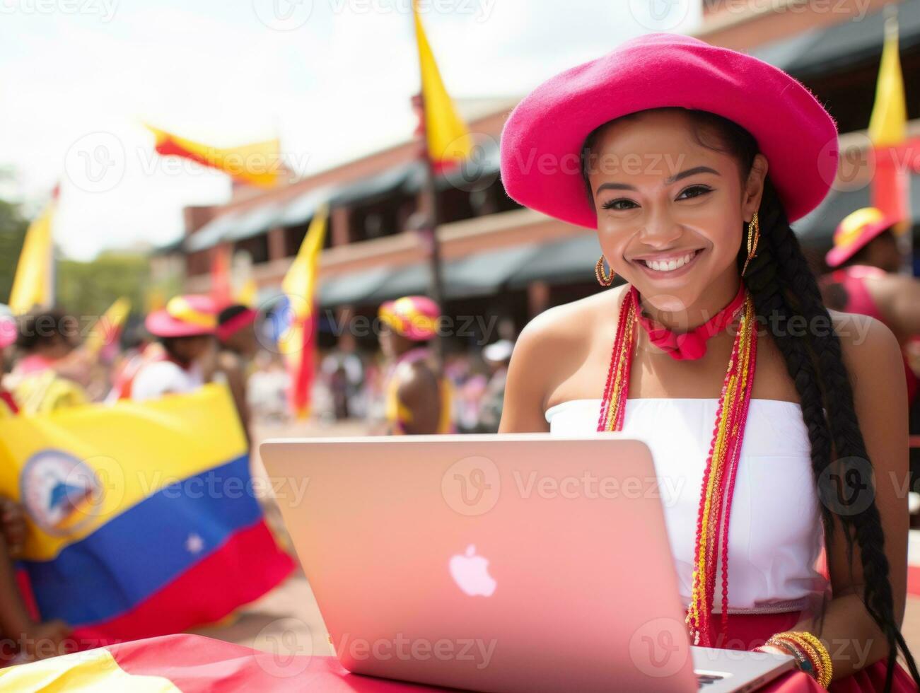 Woman from Colombia working on a laptop in a vibrant urban setting AI Generative photo