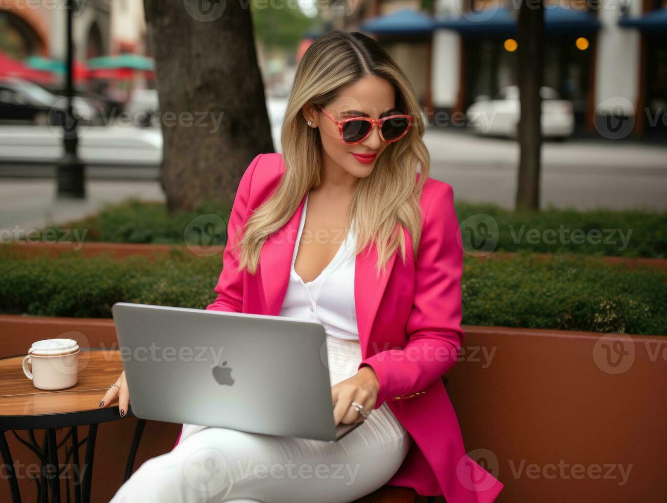 Woman from Colombia working on a laptop in a vibrant urban setting AI Generative photo