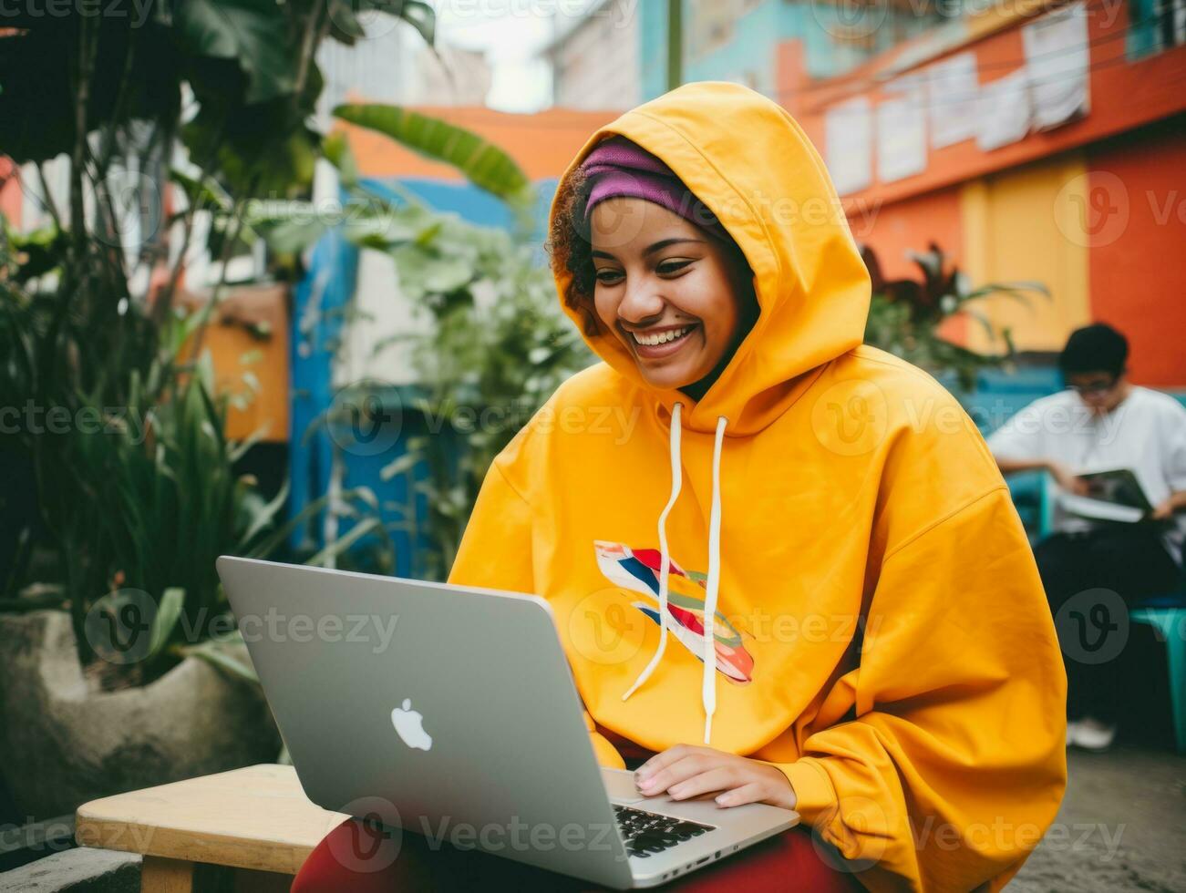 Woman from Colombia working on a laptop in a vibrant urban setting AI Generative photo