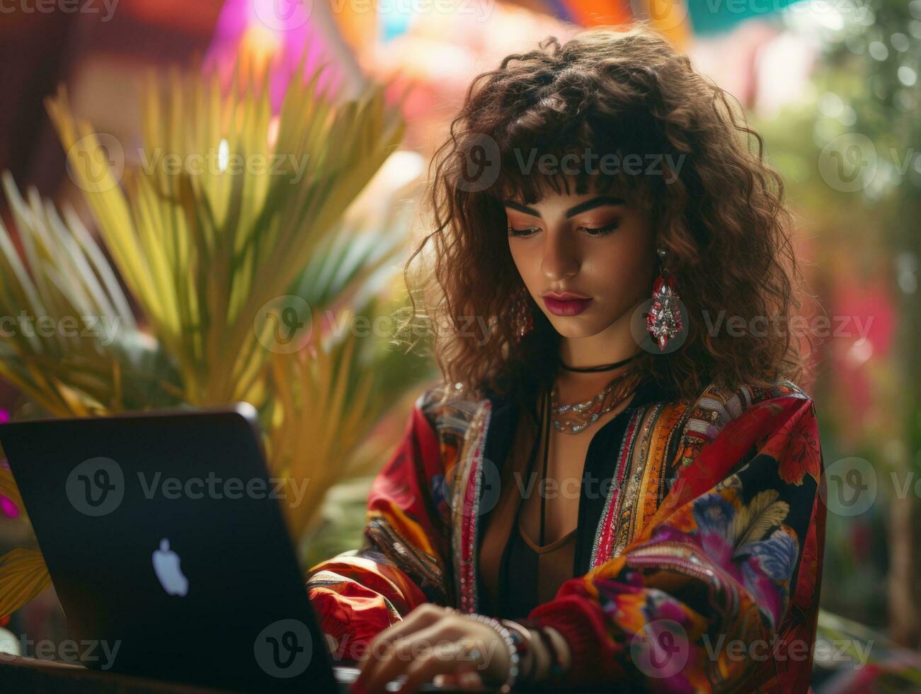 mujer desde Colombia trabajando en un ordenador portátil en un vibrante urbano ajuste ai generativo foto