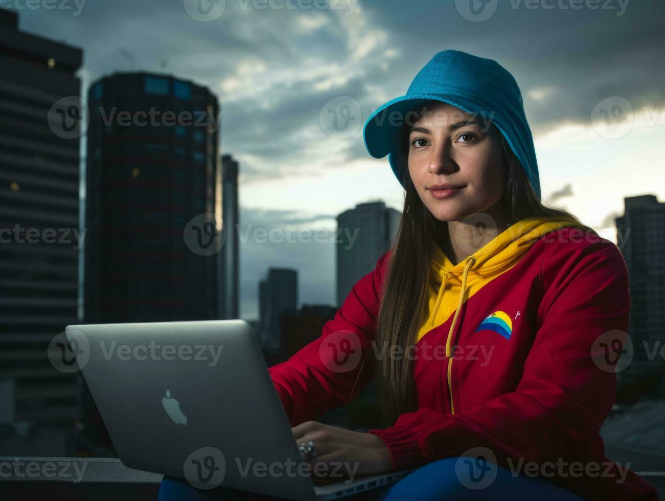 Woman from Colombia working on a laptop in a vibrant urban setting AI Generative photo