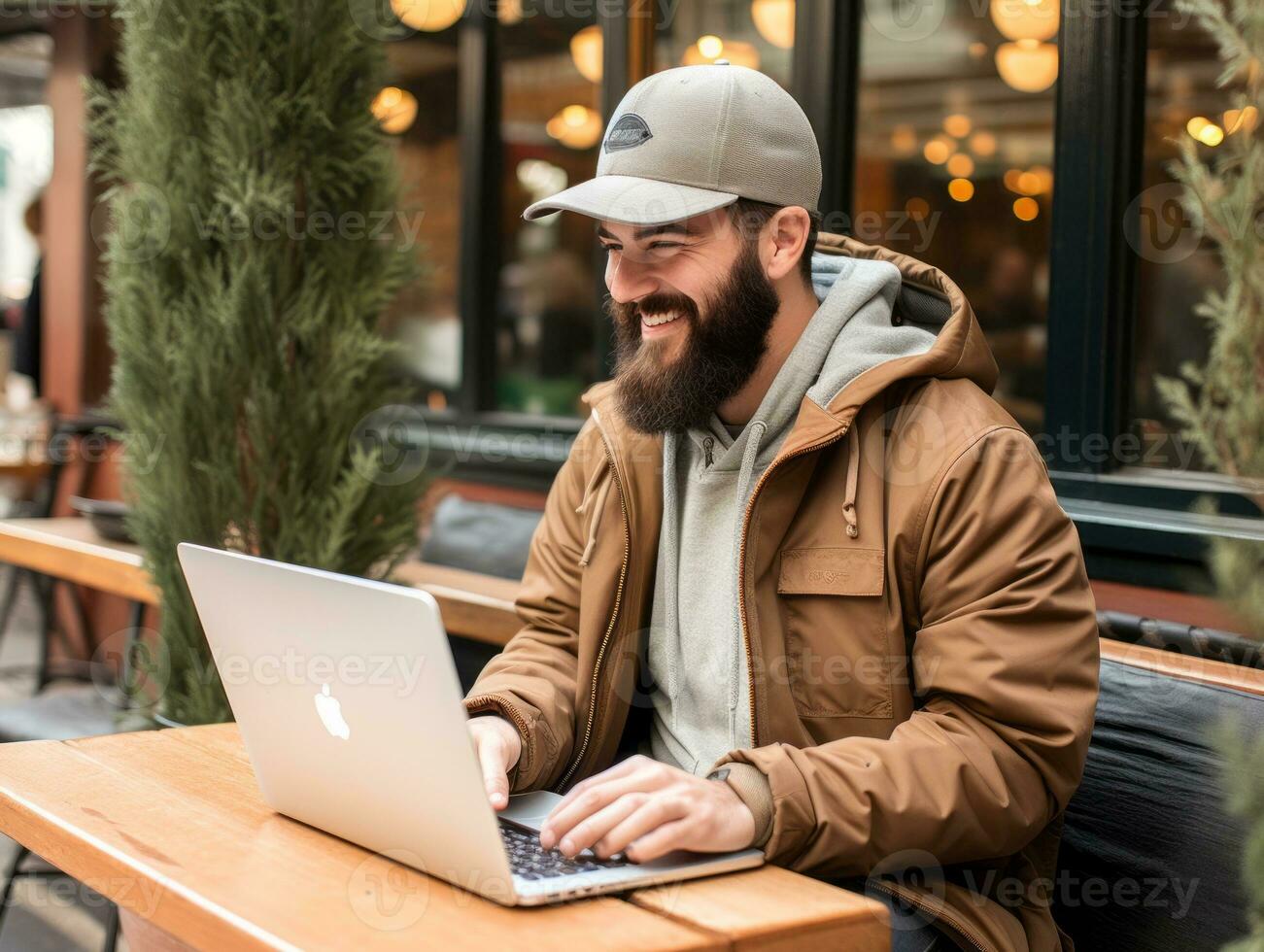 Colombian man working on a laptop in a vibrant urban setting AI Generative photo